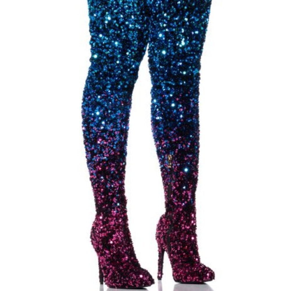 AZALEA WANG" BONAFIED MUSE " SEQUIN THIGH HIGH BOOT IN BLUE MULTI (BRAND NEW !!